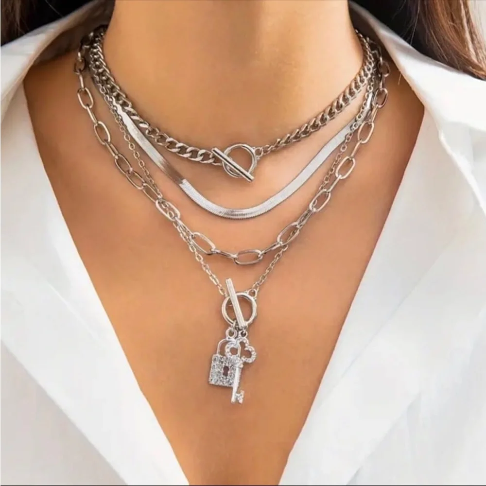 silver 4-piece minimalist snake chain necklace set rhinestones lock key pendant